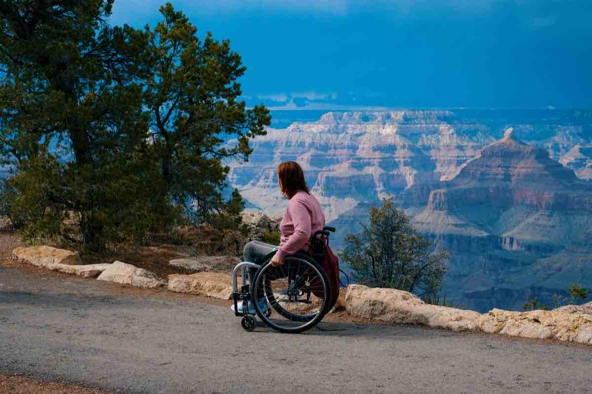 Wheelchair user in a scenic outdoor view