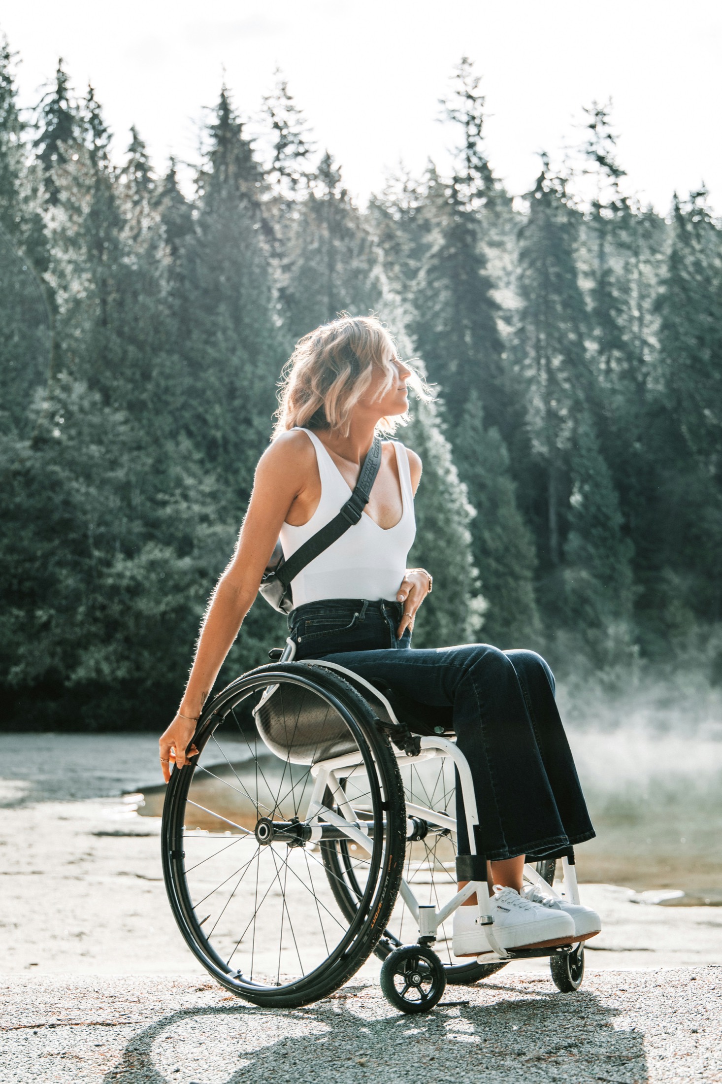 Wheelchair user in an outdoor landscape