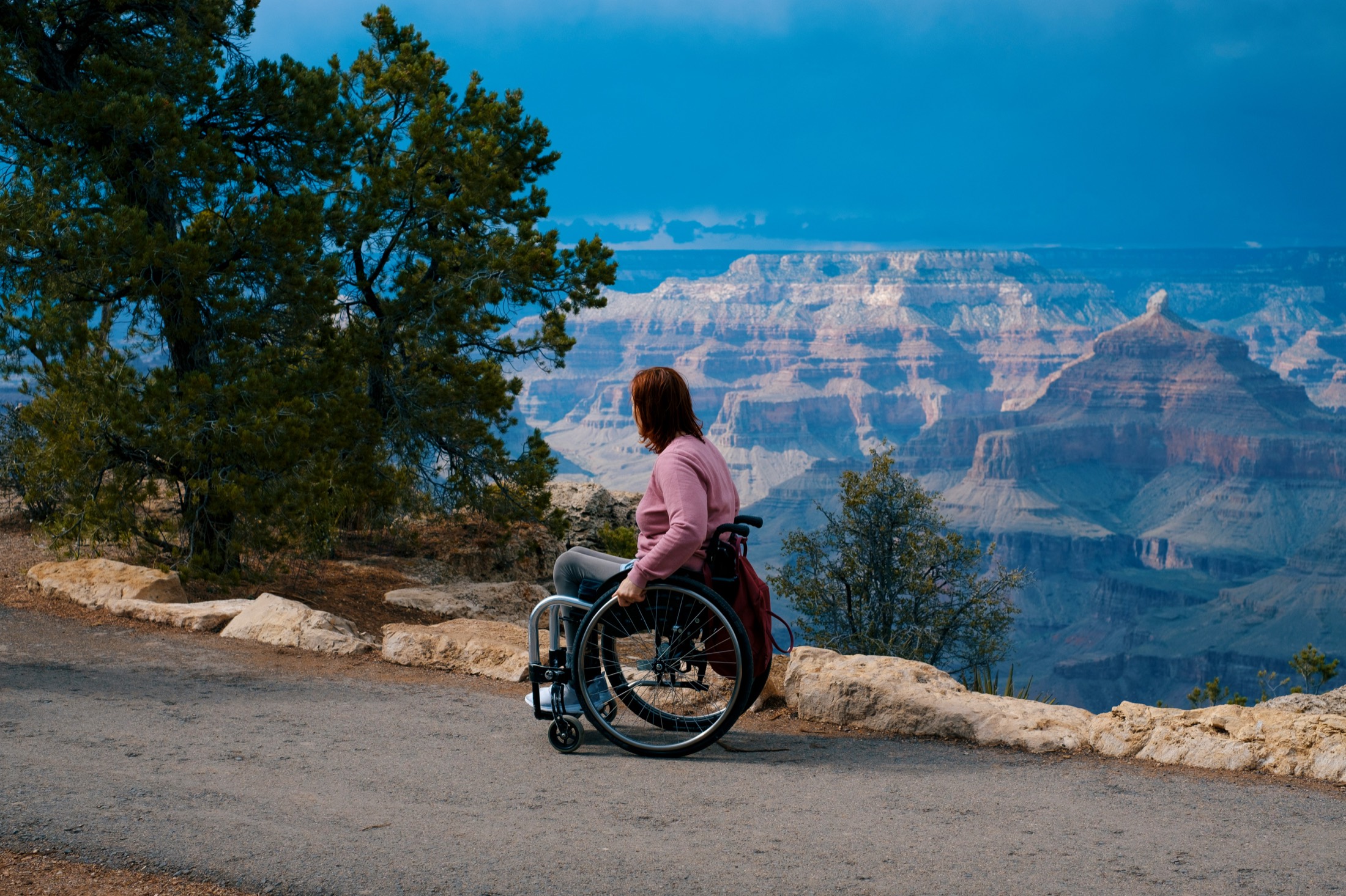 Wheelchair user in a scenic outdoor view